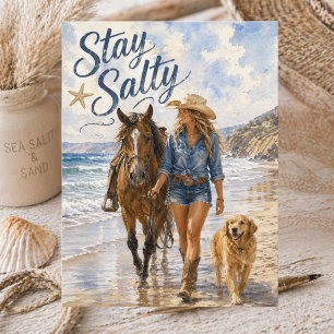Cartão Postal Aquarela Cowgirl Costeira Fique Salgado Verão Prai