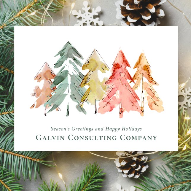 Cartão Postal Aquarela da árvore do pinheiro corporativo (Spread the joy of the season and strengthen business relationships with our elegant holiday card)