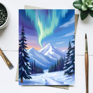 Cartão Postal Aquarela da Paisagem Montanhosa de Inverno das Luz