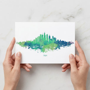 Cartão Postal Aquarela da Silhueta de Chicago Azul Verde Arte Ur