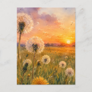 Cartão Postal Aquarela Dandelions no pôr do sol Meadow Paisagem