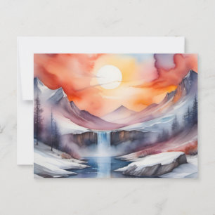 Cartão Postal Aquarela das montanhas cobertas de neve sob o sol