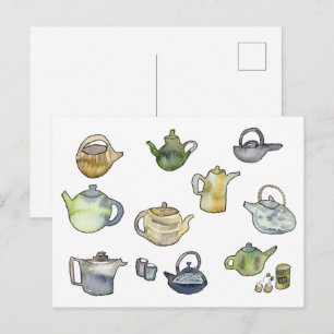 Cartão Postal Aquarela de Bules de Chá da Hora do Chá Arte Pinta