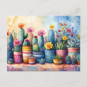 Cartão Postal Aquarela de cacto e flores de jardim