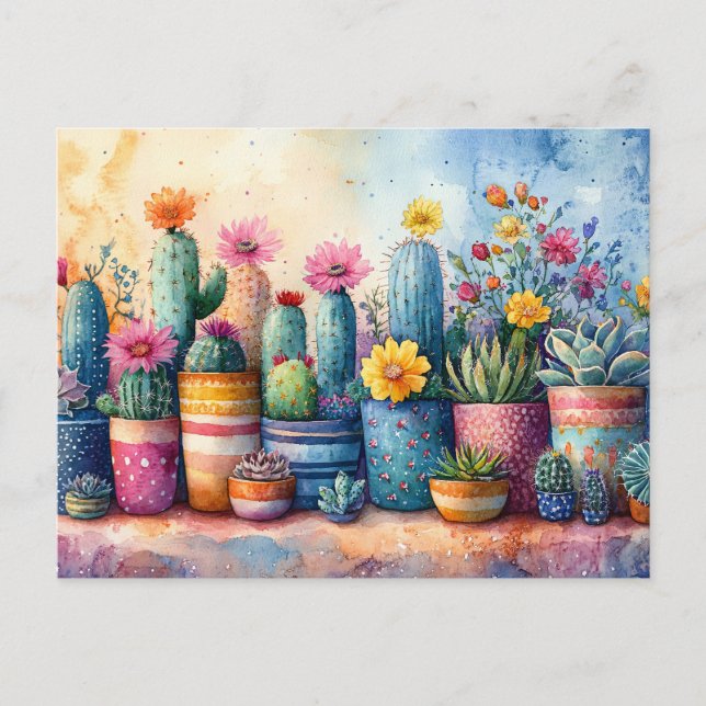 Cartão Postal Aquarela de cacto e flores de jardim (Frente)