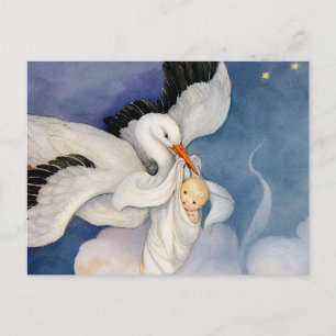 Cartão Postal Aquarela de Cegonha Vintage Entregando Bebê 