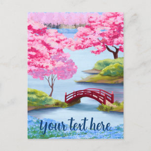 Cartão Postal Aquarela de Cerejeiras em Flor Jardim Japonês da P
