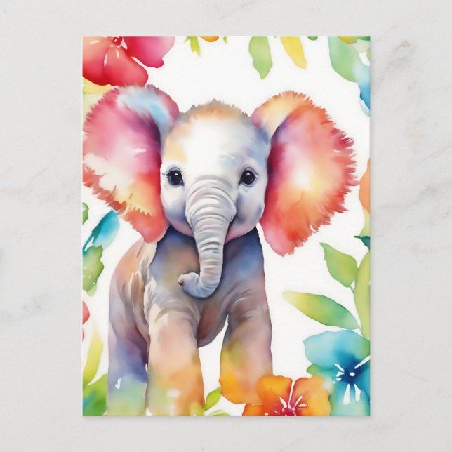 Cartão Postal Aquarela de elefante vibrante (Frente)