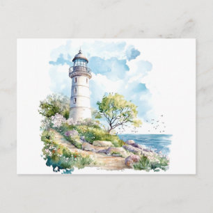Cartão Postal Aquarela de Farol e Natureza