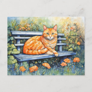 Cartão Postal Aquarela de Gato no Bench no Jardim Flor