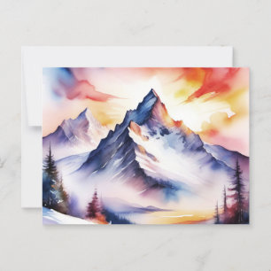 Cartão Postal Aquarela de neve coberta de montanhas sob o céu ve