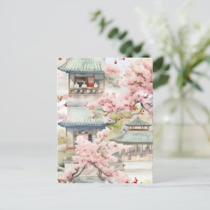Cartão Postal Aquarela de Pagoda Asiática em meio às flores de c
