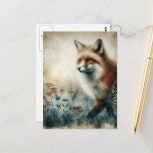 Cartão Postal Aquarela de uma linda raposa vermelha