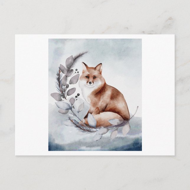 Cartão Postal Aquarela de uma Raposa com uma flor (Frente)