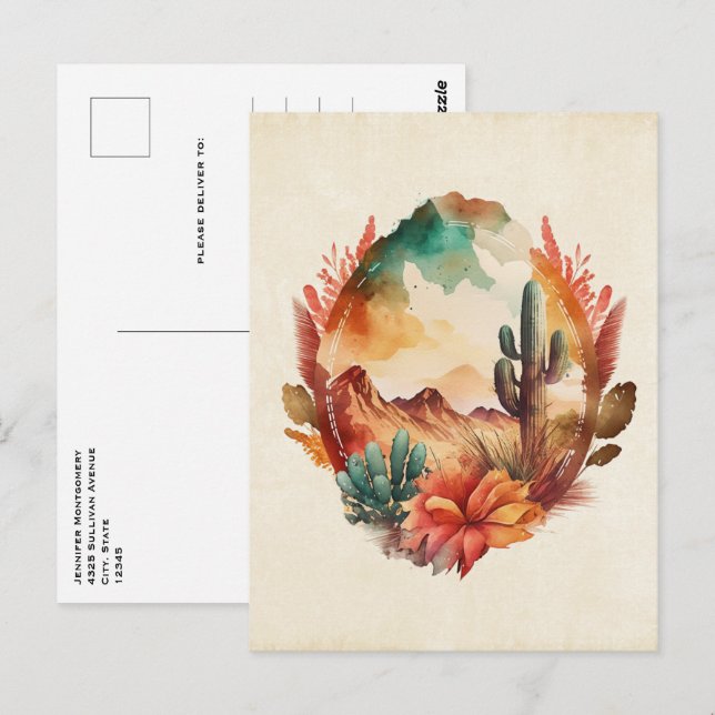 Cartão Postal Aquarela Desert Cactus e Montanhas (Frente/Verso)