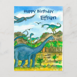 Cartão Postal Aquarela Dinossauros Feliz Aniversário Nome Person