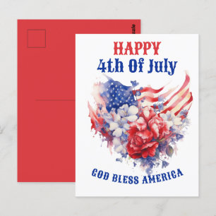 Cartão Postal Aquarela do 4 de Julho Azul Vermelho Branco