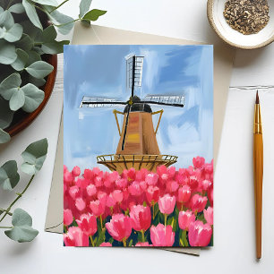 Cartão Postal Aquarela do Campo de Flores de Tulipa do Moinho de