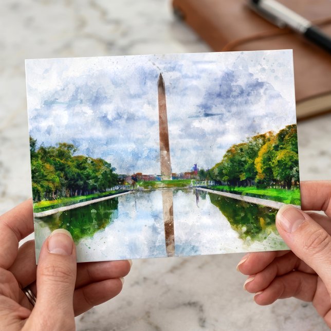 Cartão Postal Aquarela do Monumento a Washington com Reflexo (Washington Monument Watercolor with Reflection. Postcard )