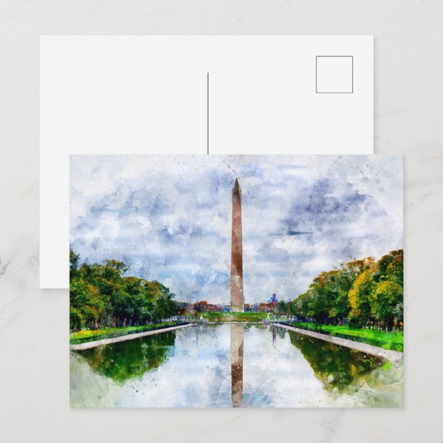 Cartão Postal aquarela do Monumento a Washington com reflexo (Frente/Verso)