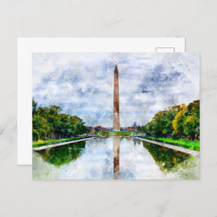 Cartão Postal Aquarela do Monumento de Washington com reflexo