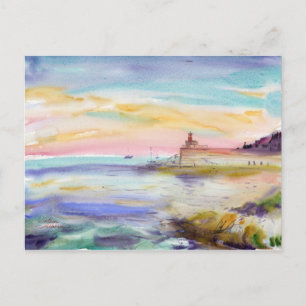 Cartão Postal Aquarela do pôr do sol do Farol de Villefranche