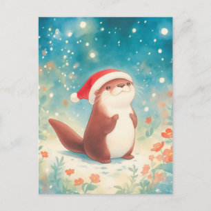Cartão Postal Aquarela Festiva de Lontra com Chapéu de Papai Noe