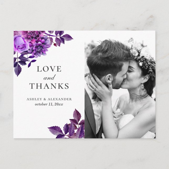 Cartão Postal Aquarela flor roxa. Obrigado pelo casamento floral (Frente)