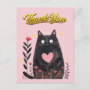 Cartão Postal Aquarela Floral Gato Preto com Coração Obrigado
