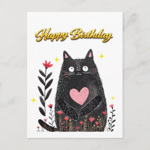 Cartão Postal Aquarela Floral Gato Preto Coração Rosa Aniversári