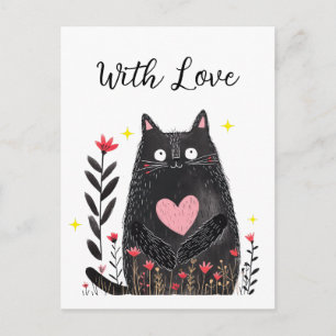 Cartão Postal Aquarela Floral Gato Preto Coração Rosa Com Amor