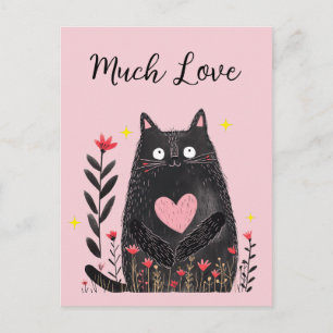 Cartão Postal Aquarela Floral Gato Preto Coração Rosa Muito Amor