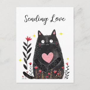 Cartão Postal Aquarela Floral Gato Preto e Coração Enviando Amor