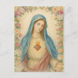 Cartão Postal Aquarela Floral Mãe Abençoada Maria Católica