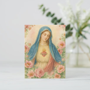 Cartão Postal Aquarela Floral Mãe Abençoada Maria Católica