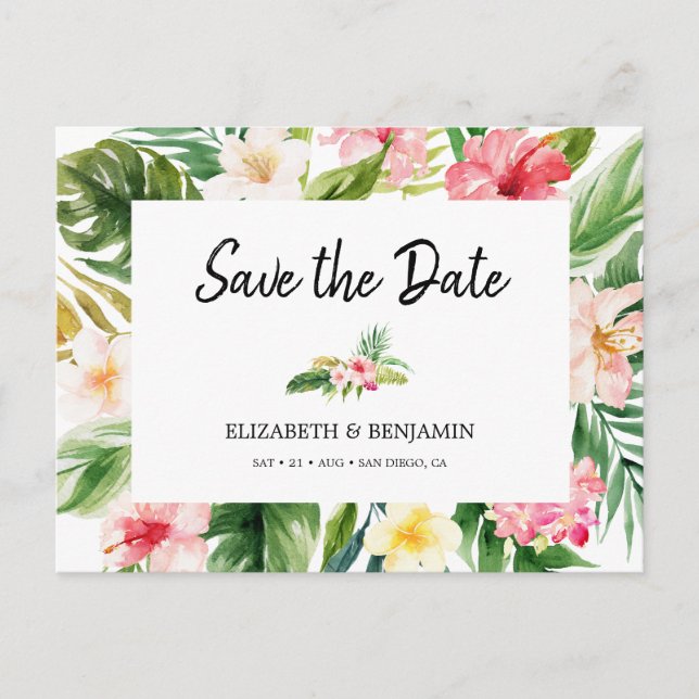 Cartão Postal Aquarela Floral Tropical & Folhas Save the Date (Frente)