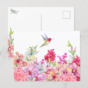 Cartão Postal Aquarela Flores de Pássaros