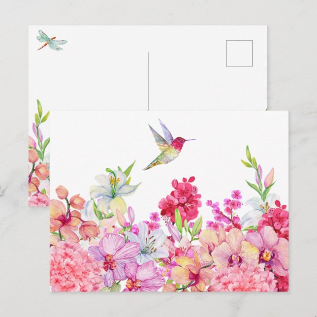 Cartão Postal Aquarela Flores de Pássaros (Frente/Verso)