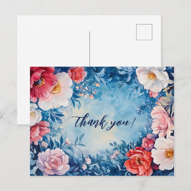Cartão Postal Aquarela Flores Rosa Azul OBRIGADO PERSONALIZADO (Frente/Verso)