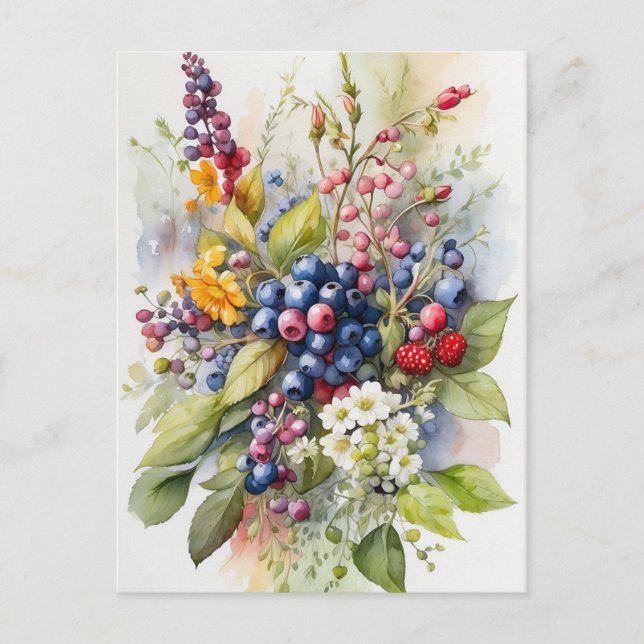 Cartão Postal Aquarela Frutas Vermelhas e Flores da Natureza  (Frente)