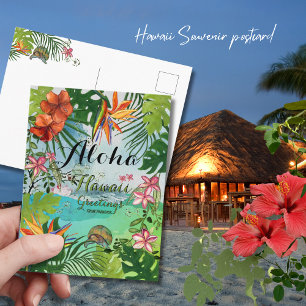 Cartão Postal Aquarela Havaiana Tropical Aloha Pintada à Mão
