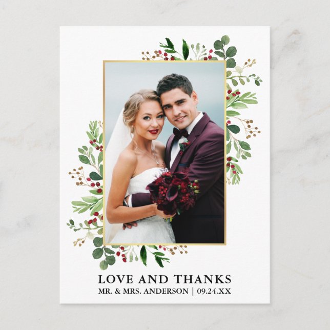 Cartão Postal Aquarela Inverno Verde Obrigados de Amor Dourados (Frente)