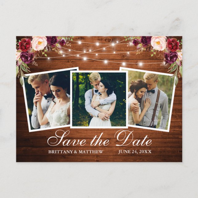 Cartão Postal Aquarela Luzes de Madeira Floral Borgonha 3 Foto (Frente)