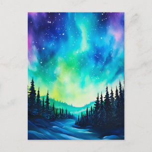 Cartão Postal Aquarela Luzes do Norte aurora boreal 