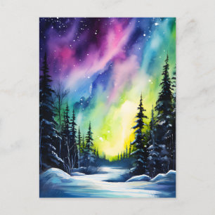 Cartão Postal Aquarela Luzes do Norte aurora boreal 
