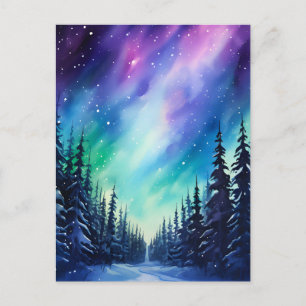 Cartão Postal Aquarela Luzes do Norte aurora boreal 