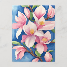 Cartão Postal Aquarela Magnolia Cor-de-rosa florescente