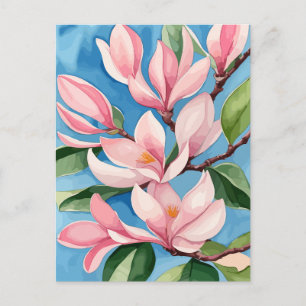 Cartão Postal Aquarela Magnolia Cor-de-rosa florescente