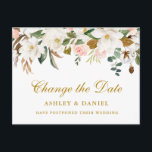 Cartão Postal Aquarela Magnolia Floral Altera A Data Dourada<br><div class="desc">Magnolia Floral Moderna Elegante Alteração Floral Data Cartaz de Adiamento de Casamento Apresenta magnólias brancas,  rosas rosa,  folhas de eucalipto,  algodão e verde</div>