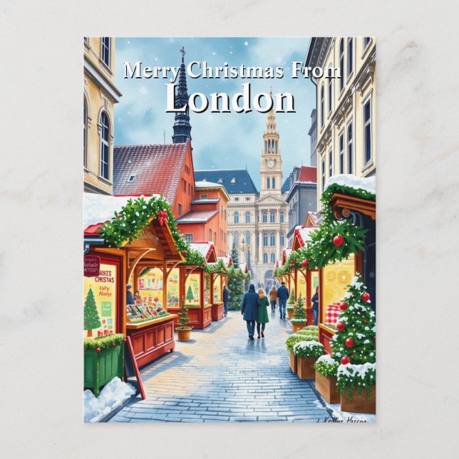 Cartão Postal Aquarela Mercado de Natal Londres Reino Unido Viag (Frente)